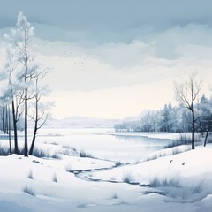 Wall Mural - Serene winter landscape featuring snow-covered trees and a frozen lake