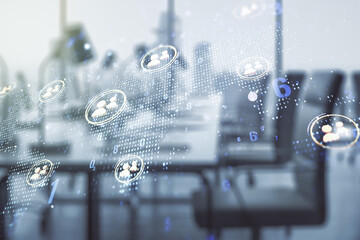 Aufkleber - Double exposure of social network icons hologram and world map on modern corporate office background. Marketing and promotion concept