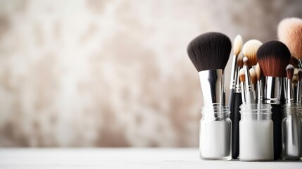 Poster - Close up make-up brushes on the table with copy space. Beauty industry accessories.