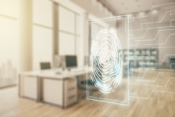 Aufkleber - Multi exposure of virtual creative fingerprint hologram on modern corporate office background, personal biometric data concept
