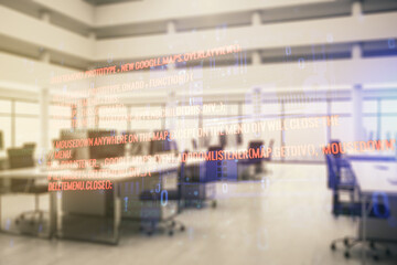 Poster - Double exposure of abstract creative programming illustration on a modern furnished office interior background, big data and blockchain concept