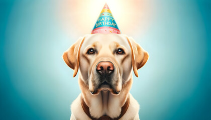 Wall Mural - Happy cute dog in party hat celebrating birthday over blue background
