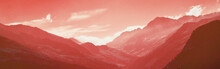 Mountain landscape. Mountains silhouette. Red tint. Grossglockner High Mountain Road. Austria. Horizontal banner