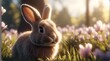 cute easter bunny rabbit, green meadow with flowers springtime background. seasonal holiday concept.