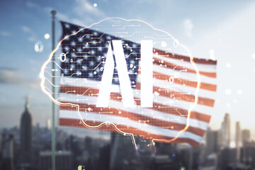 Poster - Virtual creative artificial Intelligence hologram with human brain sketch on US flag and skyline background. Double exposure