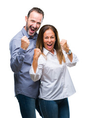 Canvas Print - Middle age hispanic business couple over isolated background very happy and excited doing winner gesture with arms raised, smiling and screaming for success. Celebration concept.