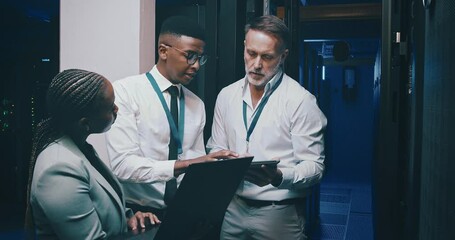 Poster - Tech, men and woman in server room planning engineering, network maintenance and storage update. Meeting, discussion and team in system administration with laptop, tablet and technician in datacenter
