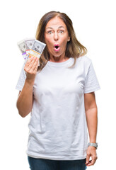 Poster - Middle age hispanic woman holding bunch of dollars over isolated background scared in shock with a surprise face, afraid and excited with fear expression