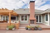 Fototapeta  - modern prairie house with brick chimney and wooden deck