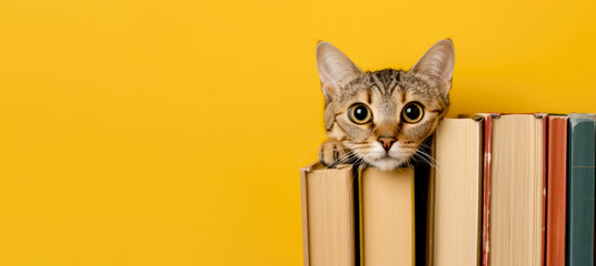 Wall Mural - Cute fluffy cat peeks out from behind a stack of books on a yellow background