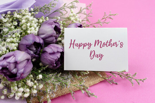 Happy Mother's Day card and purple tulip bouquet