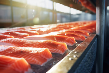 Wall Mural - The detail of a fish salmon factory, processing line. Fish and food industry abstract. Salmon fillet on an industrial conveyor.