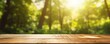 blank wooden table on green summer park background banner