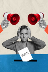 Sticker - Creative poster picture collage of irritated woman voting close ears avoiding loud sound political propaganda around