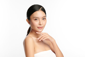 Wall Mural - Beautiful young asian woman with clean fresh skin on white background, Face care, Facial treatment, Cosmetology, beauty and spa, Asian women portrait.