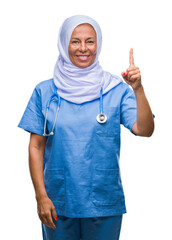 Canvas Print - Middle age senior arab nurse woman wearing hijab over isolated background pointing finger up with successful idea. Exited and happy. Number one.