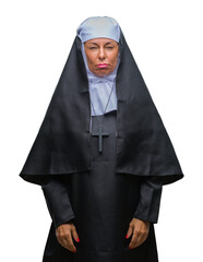 Wall Mural - Middle age senior christian catholic nun woman over isolated background depressed and worry for distress, crying angry and afraid. Sad expression.