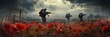 Poppy flowers on a field with soldiers, memorial poppies in memory of fallen soldiers in the war, banner
