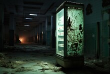 Creepy Glowing Refrigerator In A Dark Abandoned Building
