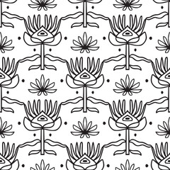 Simple seamless pattern with folk linear flowers. Black and white. Vintage, retro style texture for textile, fabric, home decor, wallpaper. Abstract bohemian line art background. Stylized florals