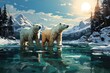 Two majestic polar bears brave the icy waters, their thick white fur glistening in the snow-covered mountains, embodying the resilience and beauty of these magnificent arctic creatures