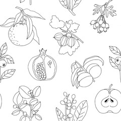 Wall Mural - Vintage hand drawn fruita and berries seamless pattern. Linear minimalist surface kitchen textile, fabric, menu design. Bohemian line art botany elements. Elegant outline black and white surface