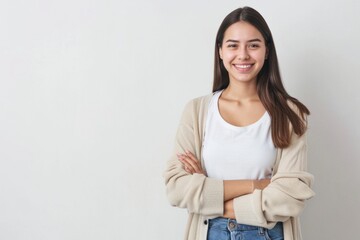 Wall Mural - Confident woman in casual outfit smiling at camera.