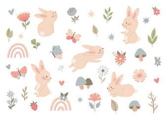 Wall Mural - Spring collection of cute bunny, flowers, floral decoration elements. Set with animals and plants for poster, card, scrapbooking, tag, invitation, sticker kit. Simple hand drawn vector illustration.