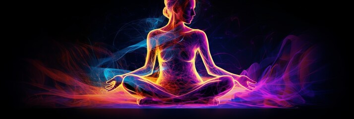 Illustration of a silhouette of a woman in a meditation pose with radiating colored energy chakras against the backdrop of an abstract cosmic landscape, Concept: spirituality and harmony of the inner 