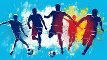 Silhouettes Of Football Players With A Ball On A Watercolor Background. Types Of Sports.