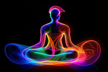 Illustration of a silhouette of a man in a meditation pose with radiating colored energy chakras against the backdrop of an abstract cosmic landscape, Concept: spirituality and harmony of the inner wo