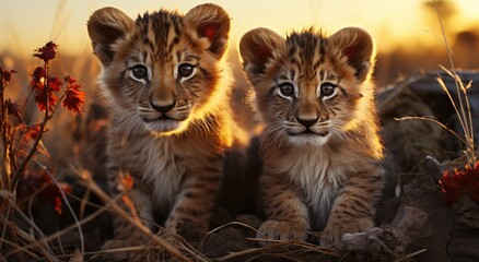 Wall Mural - Two curious felines, adorned with sleek fur and delicate whiskers, gaze out into the vast wilderness as they sit side by side in the dusty terrain, embodying the essence of majestic terrestrial creat