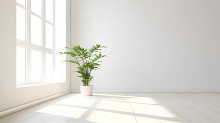 3D rendering of an empty white room with abstract shadows on the wall and a potted plant.