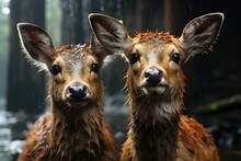 Two Majestic Deer Bravely Stand In The Pouring Rain, Their Snouts Pointed Towards The Sky As They Take In The Wild Beauty Of The World Around Them