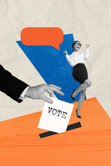 Poster - Poster banner collage of happy cheerful woman voting on election shouting yes isolated on drawing background