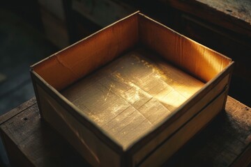Poster - A wooden box sitting on top of a wooden table. Suitable for various uses