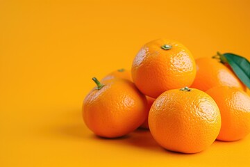 Poster - A stack of oranges with fresh green leaves on top. Perfect for food and nutrition-related projects