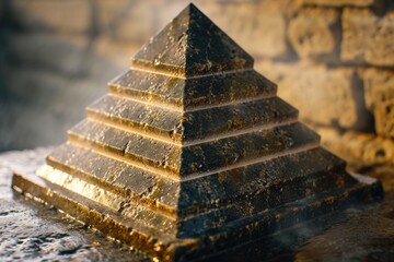 Poster - A close up of a stone pyramid on a table. Ideal for adding a touch of mystery and spirituality to your projects