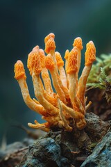 Poster - A group of orange mushrooms growing out of a rock. Perfect for nature and botanical themes