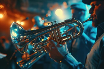 Poster - A man playing a trumpet in a band. Suitable for music-related designs and promotions
