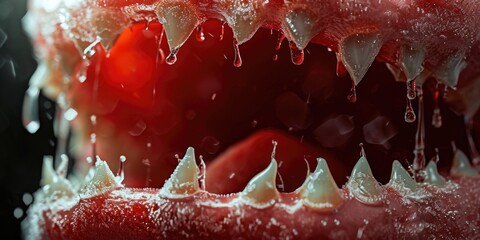 Poster - A close-up photograph of a tomato with its mouth open. This unique image can be used to represent concepts such as surprise, humor, or personification of objects.