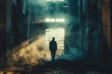 Wall Mural - A person is standing in a dark room with smoke billowing out. This image can be used to depict mystery, suspense, or danger