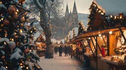 Poster - A vibrant and bustling Christmas market filled with colorful lights. Perfect for capturing the festive atmosphere and holiday spirit.