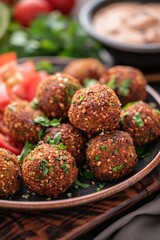 Poster - A plate of meatballs and vegetables on a table. Suitable for food blogs, recipe websites, and restaurant menus