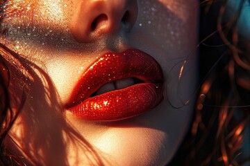 Poster - Close-up shot of a woman's face with glitter on her lips. Perfect for makeup tutorials or beauty-related content