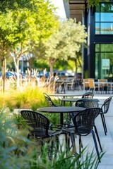 Wall Mural - A collection of tables and chairs arranged on a sidewalk, providing a comfortable and inviting outdoor seating area.