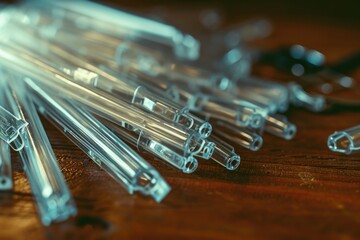 Aufkleber - A bunch of clear straws sitting on top of a wooden table. Perfect for a variety of uses