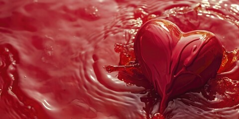 Poster - A heart shaped object floating in a red liquid. Can be used for Valentine's Day or love-themed concepts