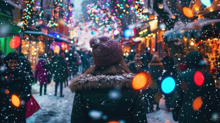 Poster - A woman standing in the middle of a snow covered street. Suitable for winter-themed designs and advertisements