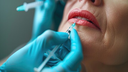 Poster - A close-up shot of someone receiving an injection. This image can be used to illustrate healthcare, medical procedures, vaccinations, or fear of needles